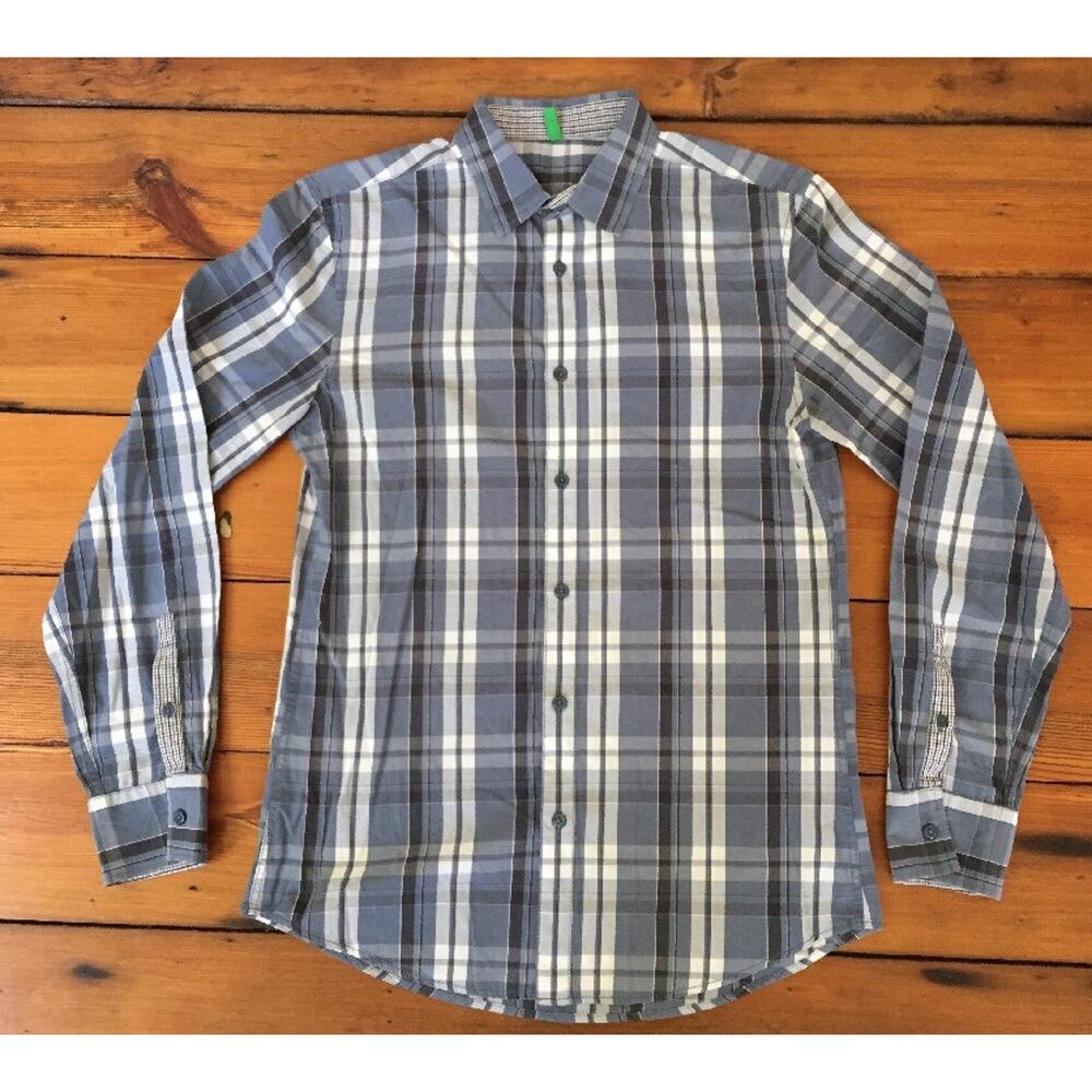 United Colors of Benetton Italy Casual Blue Plaid Cotton Button Down Shirt 38" S